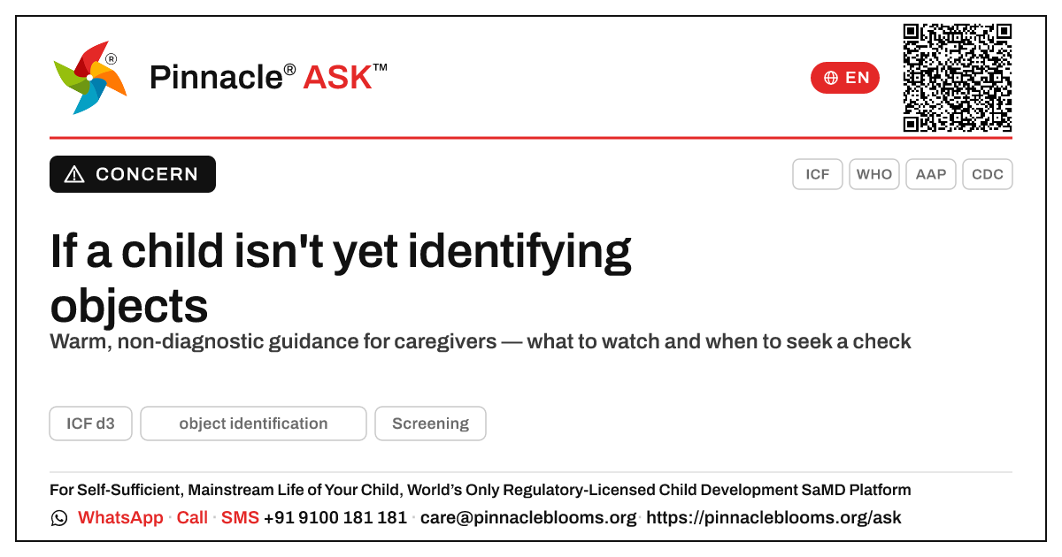 If a child isn't yet identifying objects: a caregiver's guide — Pinnacle Ask answer card with a short explanation and QR link
