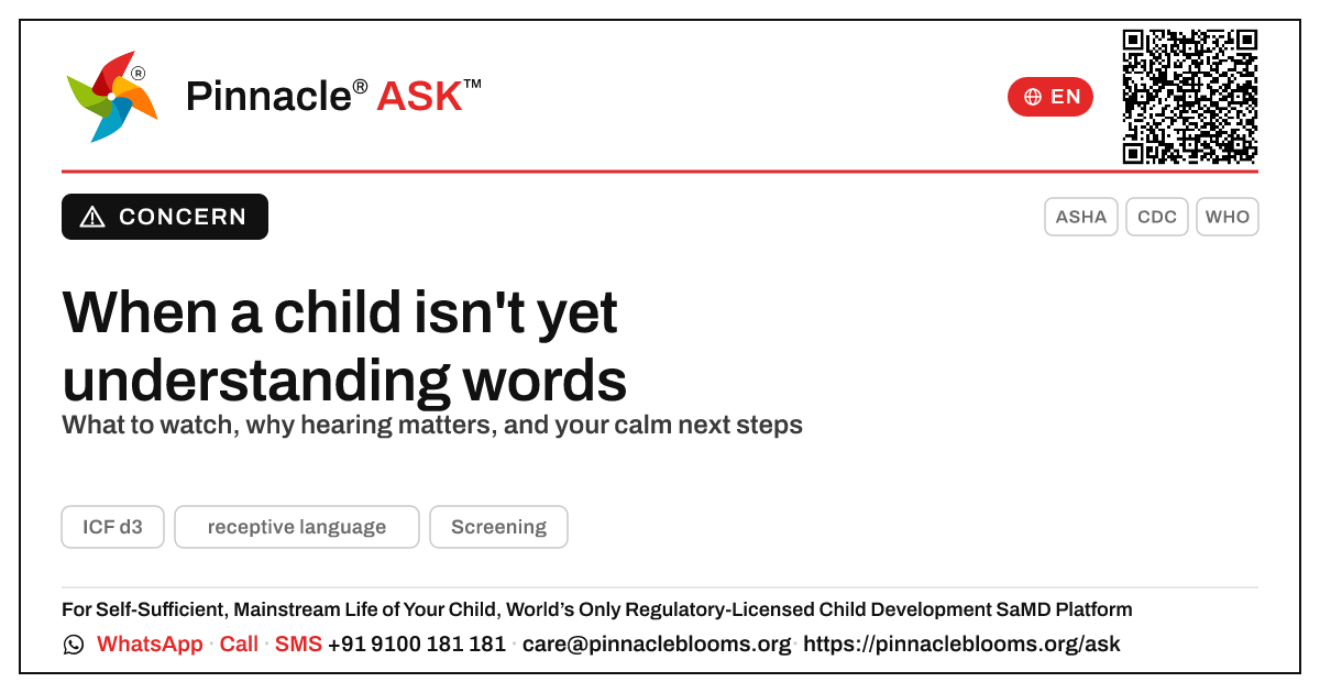 What to do if a child isn't showing receptive language — Pinnacle Ask answer card with a short explanation and QR link