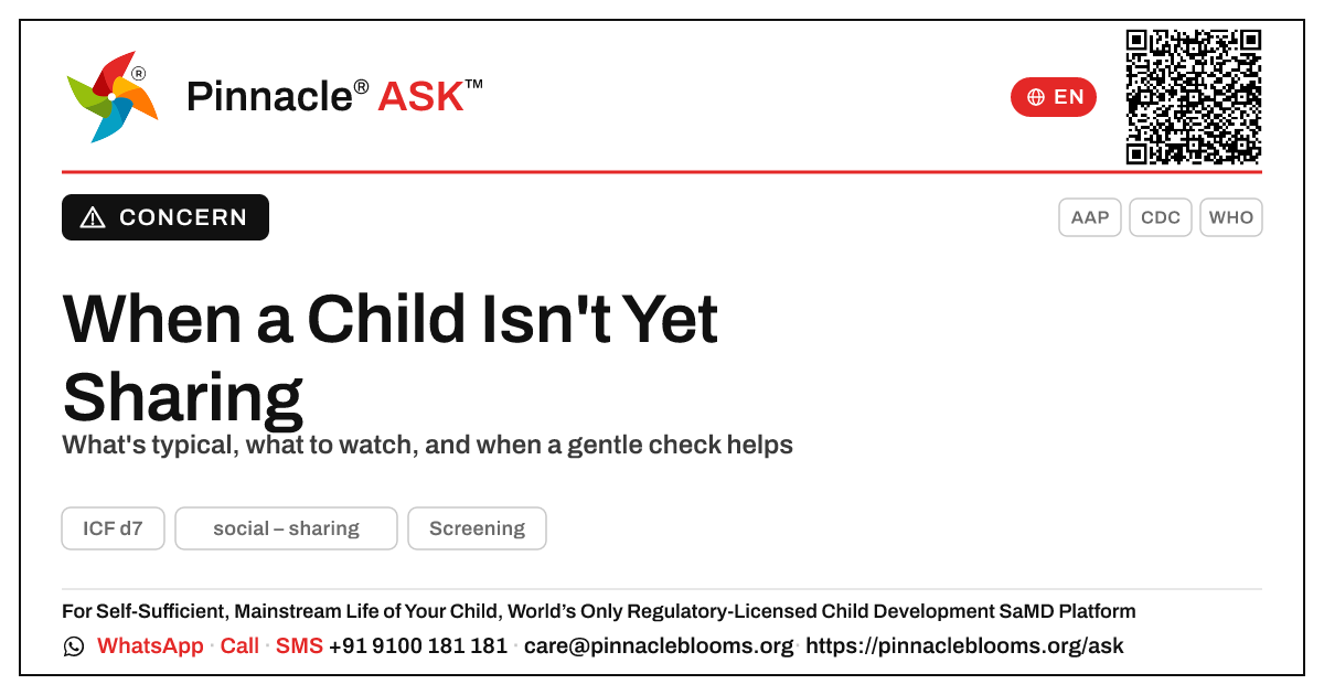 If a child isn't yet sharing: a caregiver's guide — Pinnacle Ask answer card with a short explanation and QR link