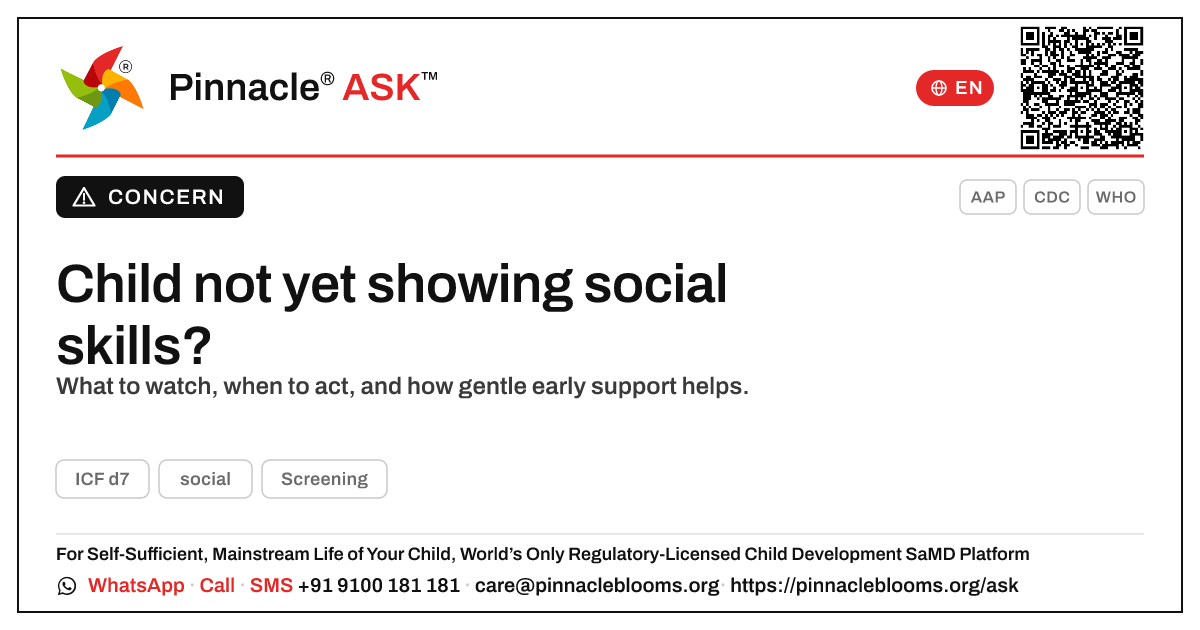What to do if a child isn't yet showing social skills — Pinnacle Ask answer card with a short explanation and QR link
