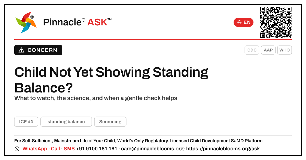 Child Not Yet Standing? A Caregiver's Guide — Pinnacle Ask answer card with a short explanation and QR link