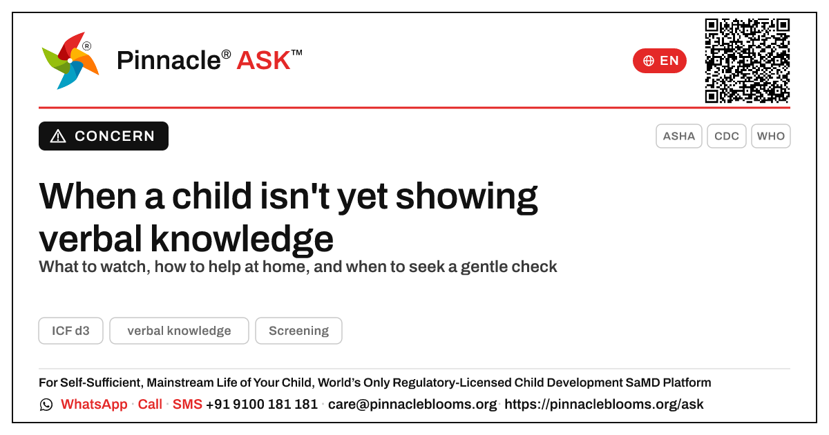 What to do if a child isn't showing verbal knowledge — Pinnacle Ask answer card with a short explanation and QR link