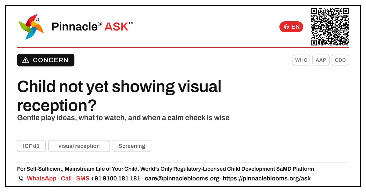 What to do if a child isn't yet showing visual reception — Pinnacle Ask answer card with a short explanation and QR link