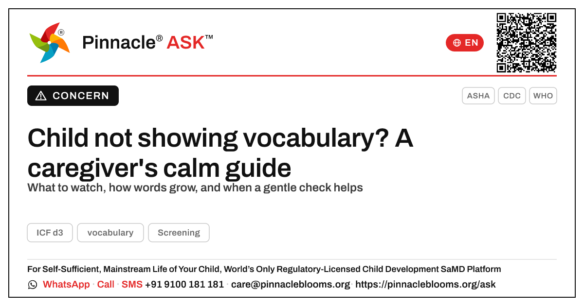 What to do if a child isn't yet showing vocabulary — Pinnacle Ask answer card with a short explanation and QR link