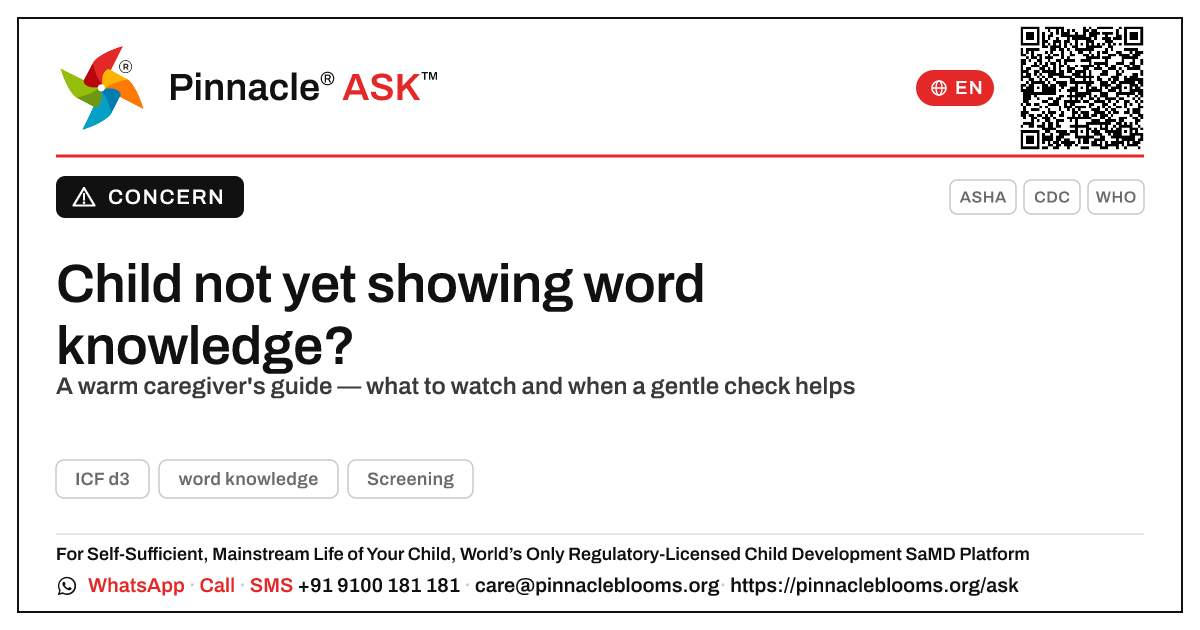 What to do if a child isn't yet showing word knowledge — Pinnacle Ask answer card with a short explanation and QR link