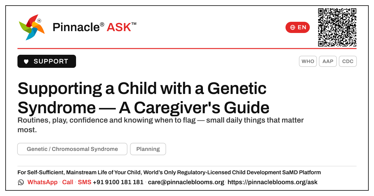 How Grandparents and Caregivers Can Support a Child with a Genetic Syndrome — Pinnacle Ask answer card with a short explanation and QR link