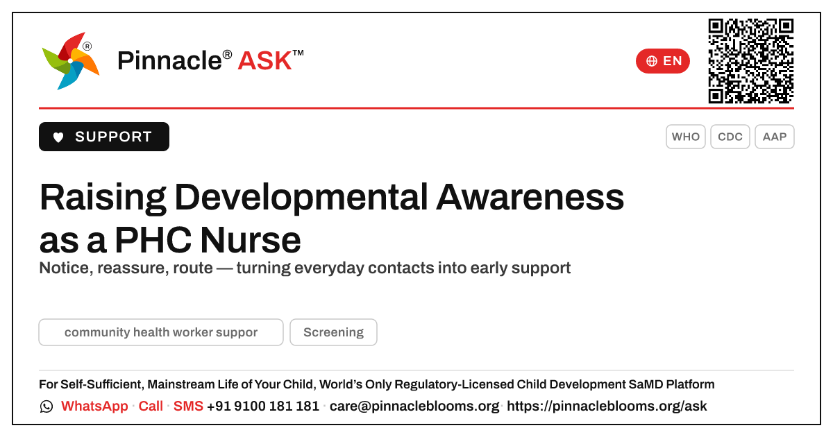 How a PHC Nurse Can Raise Developmental Awareness — Pinnacle Ask answer card with a short explanation and QR link