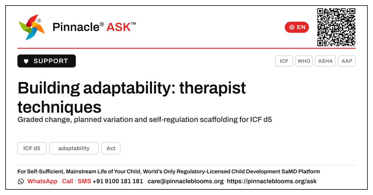 Techniques to develop a child's adaptability — Pinnacle Ask answer card with a short explanation and QR link