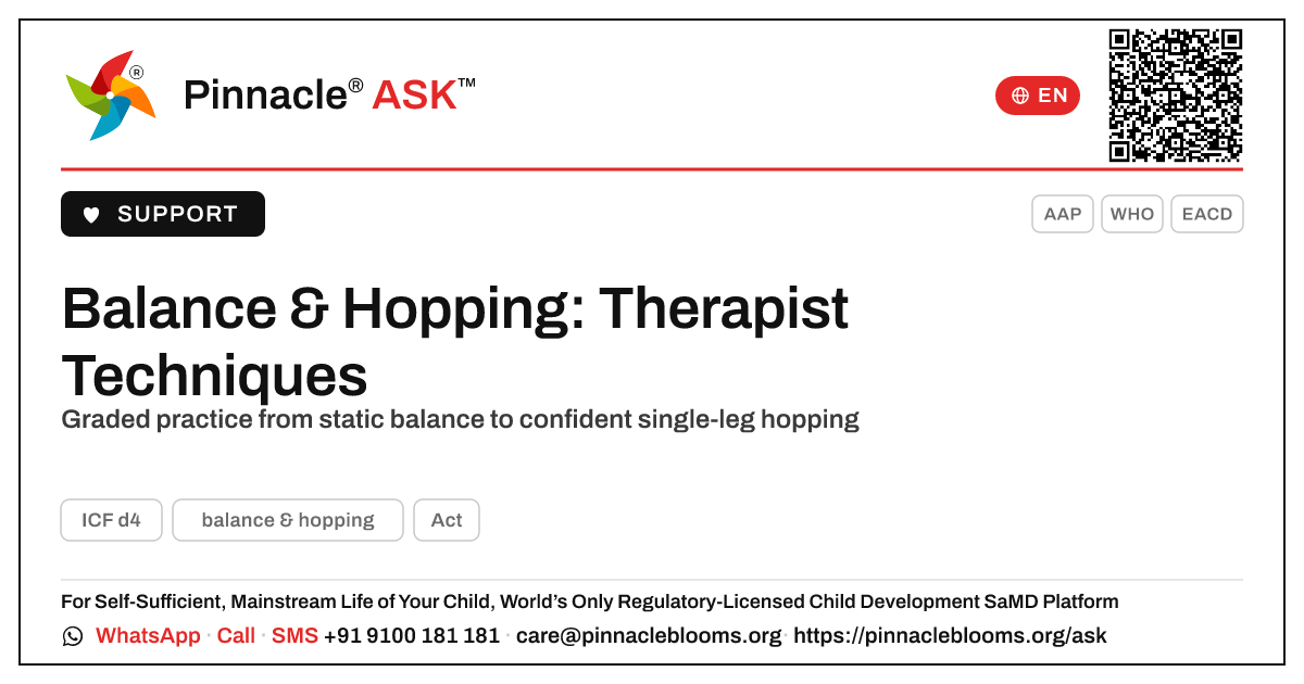 Techniques to develop balance & hopping — Pinnacle Ask answer card with a short explanation and QR link