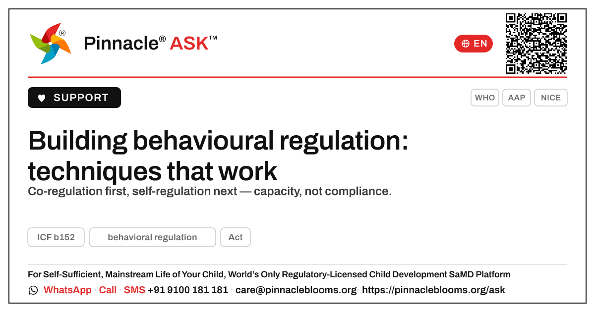 Therapist techniques to build behavioural regulation — Pinnacle Ask answer card with a short explanation and QR link