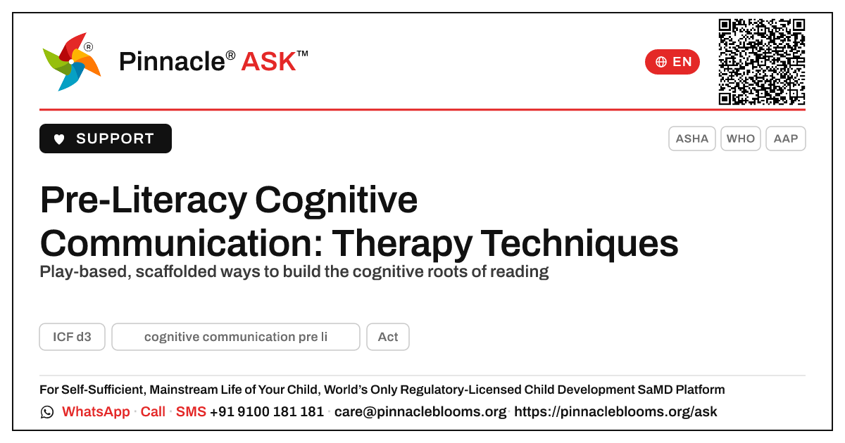 Building Cognitive Communication for Pre-Literacy — Pinnacle Ask answer card with a short explanation and QR link