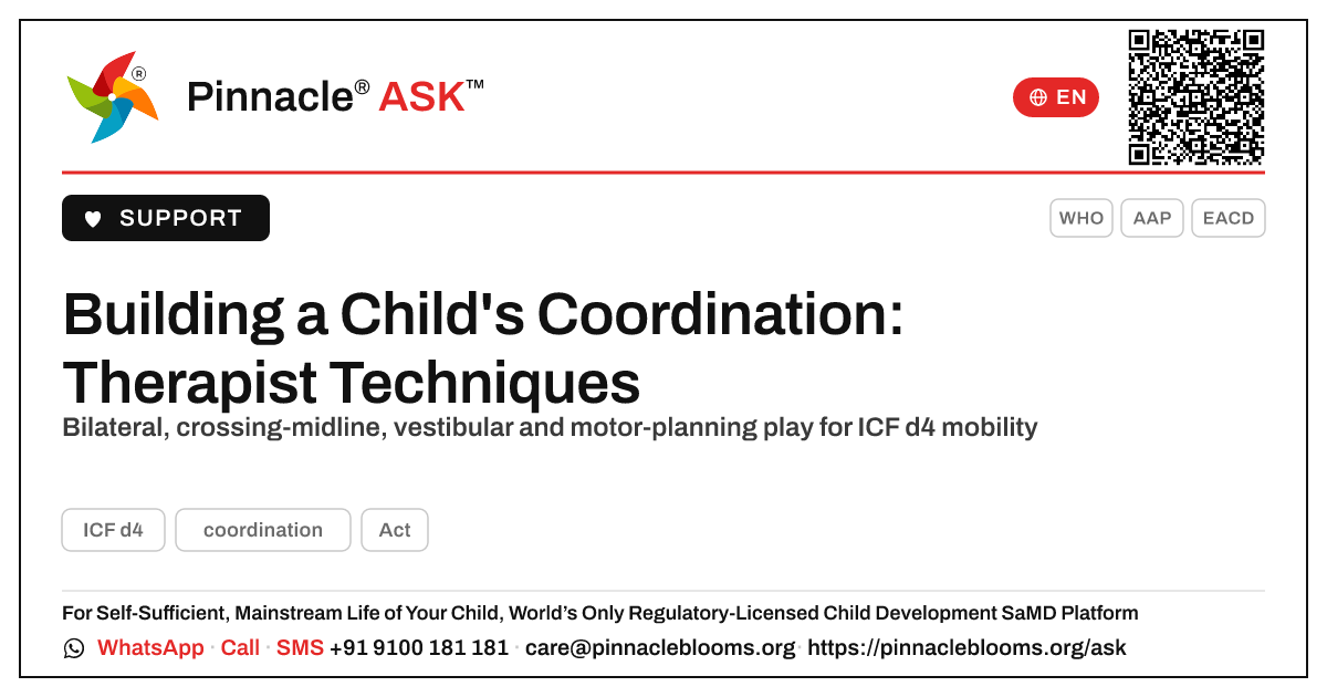 Therapy Techniques to Develop a Child's Coordination — Pinnacle Ask answer card with a short explanation and QR link
