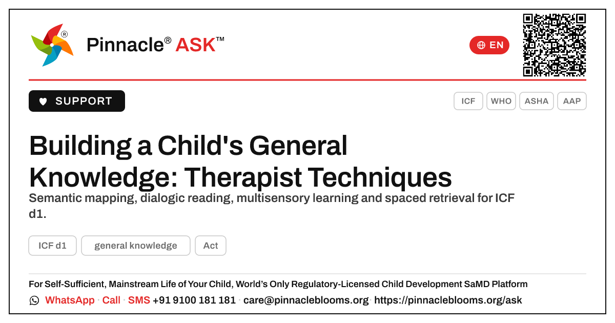 Therapy Techniques to Build a Child's General Knowledge — Pinnacle Ask answer card with a short explanation and QR link