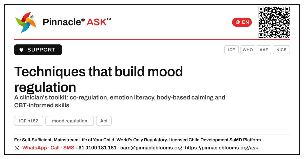 Therapist techniques for mood regulation in children — Pinnacle Ask answer card with a short explanation and QR link