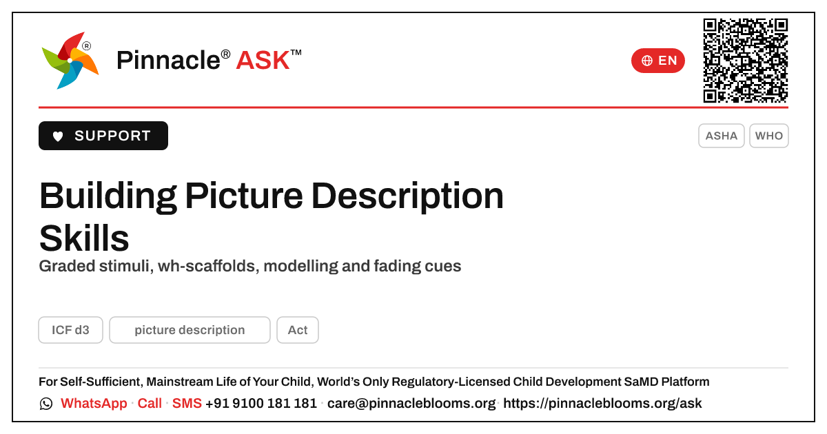 Therapy Techniques to Develop Picture Description — Pinnacle Ask answer card with a short explanation and QR link