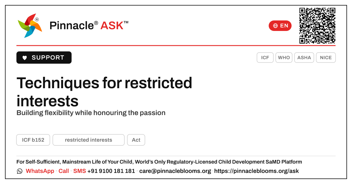 Techniques to support restricted interests — Pinnacle Ask answer card with a short explanation and QR link