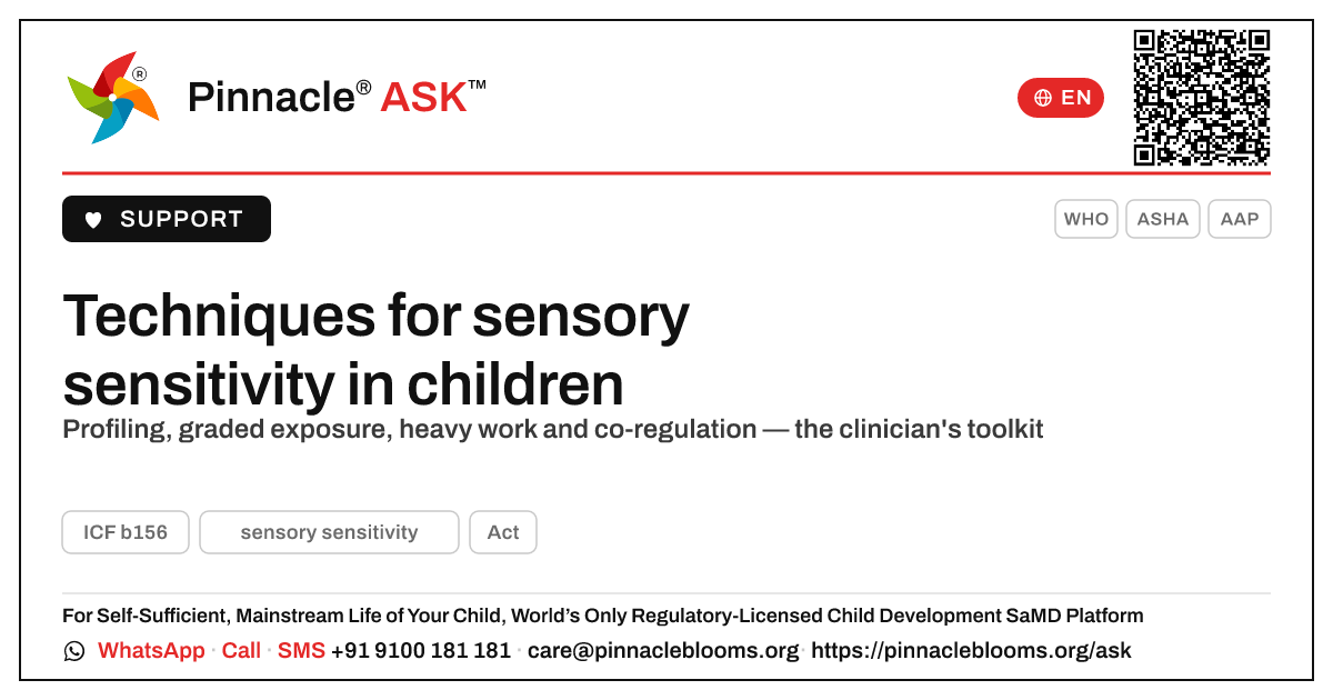 Techniques to support sensory sensitivity — Pinnacle Ask answer card with a short explanation and QR link