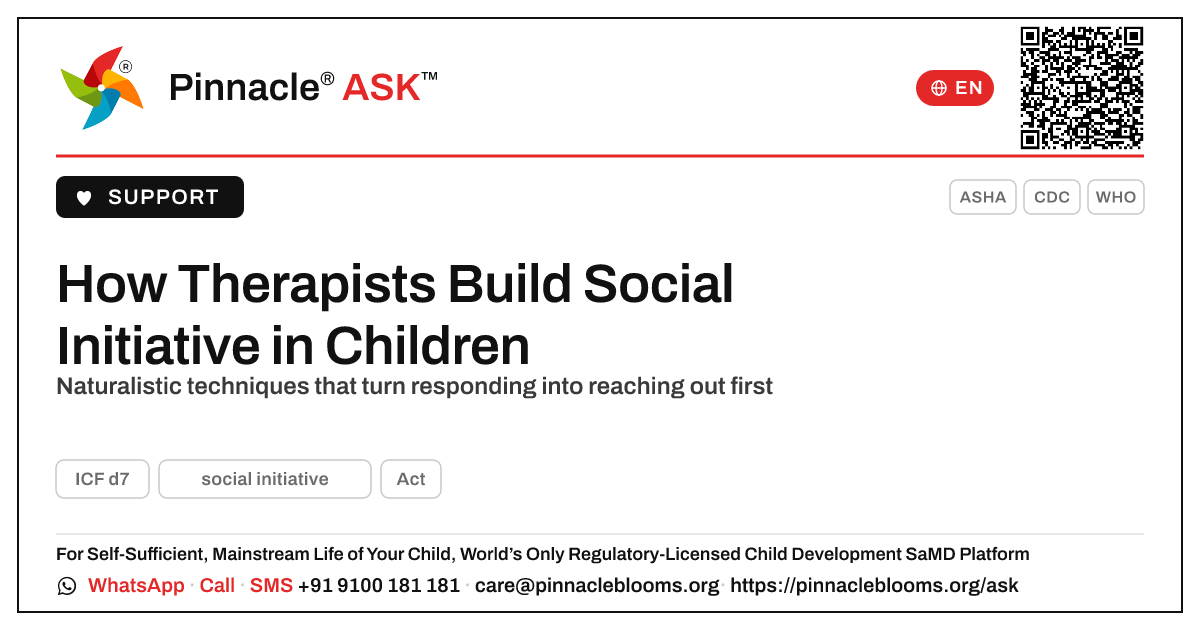 Techniques That Help a Child Develop Social Initiative — Pinnacle Ask answer card with a short explanation and QR link