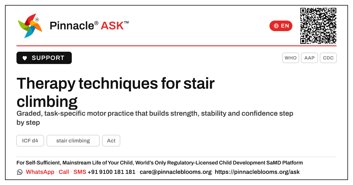 Therapy techniques to develop stair climbing — Pinnacle Ask answer card with a short explanation and QR link