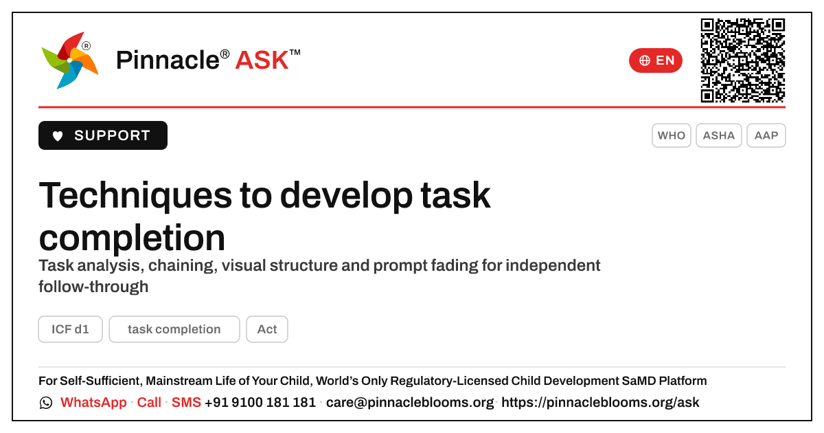Techniques to develop task completion in children — Pinnacle Ask answer card with a short explanation and QR link