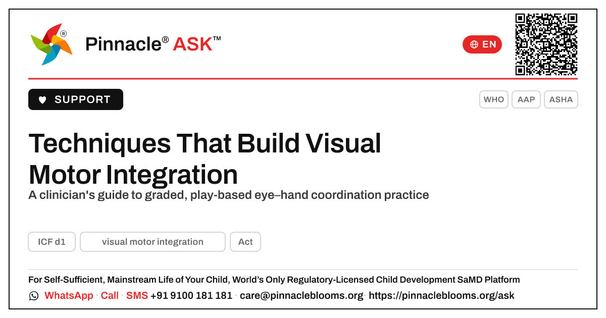Therapy Techniques to Build Visual Motor Integration — Pinnacle Ask answer card with a short explanation and QR link
