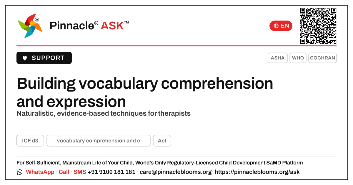 Techniques for vocabulary comprehension and expression — Pinnacle Ask answer card with a short explanation and QR link
