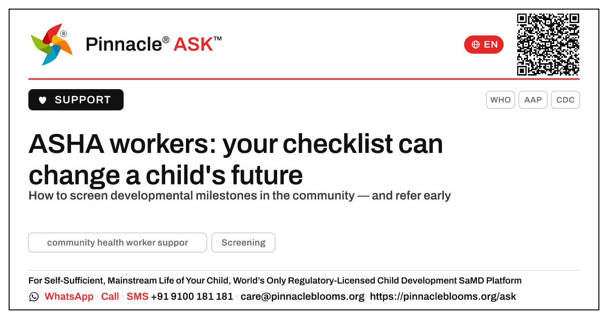 How an ASHA worker can use a simple developmental checklist — Pinnacle Ask answer card with a short explanation and QR link