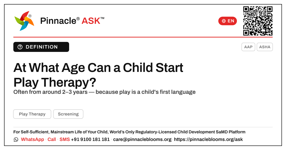 At what age can a child start play therapy? — Pinnacle Ask answer card with a short explanation and QR link