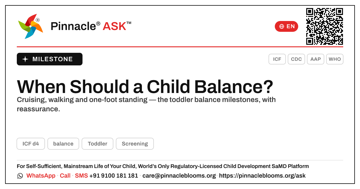 At What Age Should a Child Balance? — Pinnacle Ask answer card with a short explanation and QR link