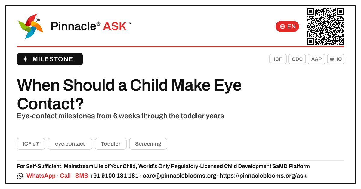 At What Age Should a Child Make Eye Contact? — Pinnacle Ask answer card with a short explanation and QR link