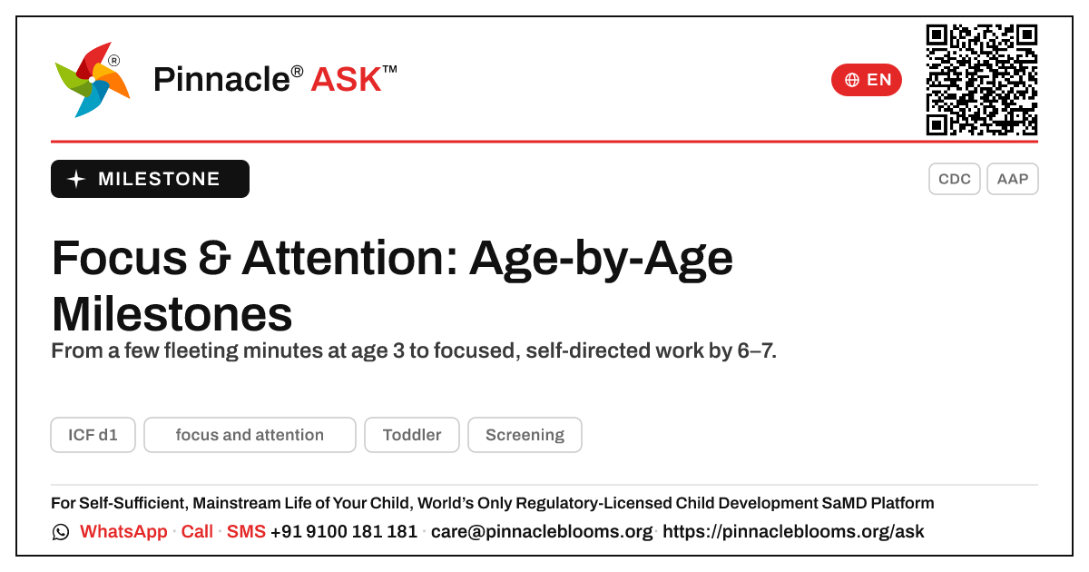At What Age Should a Child Focus and Pay Attention? — Pinnacle Ask answer card with a short explanation and QR link