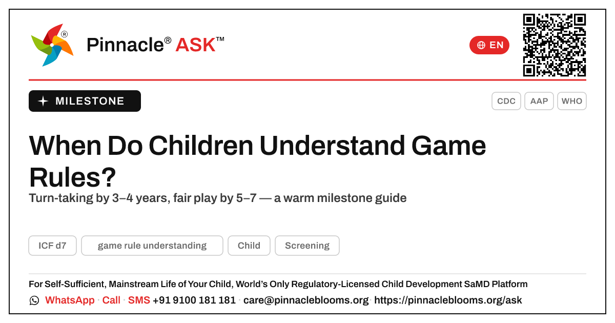 At What Age Should a Child Understand Game Rules? — Pinnacle Ask answer card with a short explanation and QR link