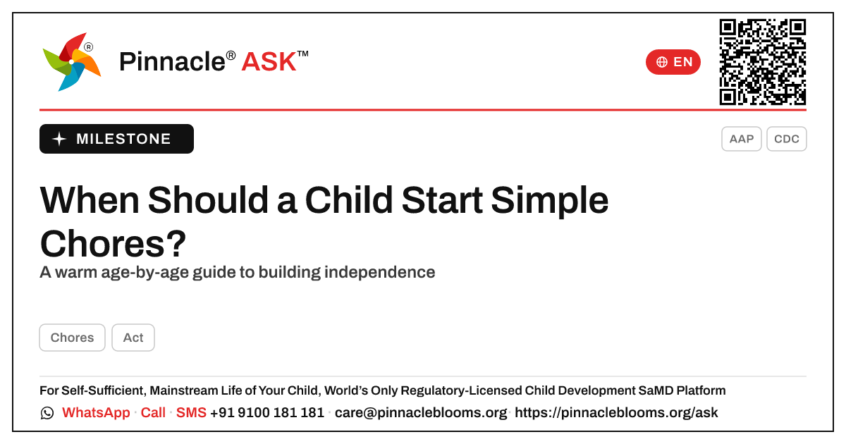 At what age should a child learn to do simple chores? — Pinnacle Ask answer card with a short explanation and QR link