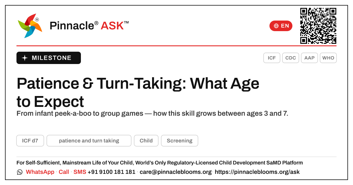 At What Age Do Children Learn Patience and Turn-Taking? — Pinnacle Ask answer card with a short explanation and QR link