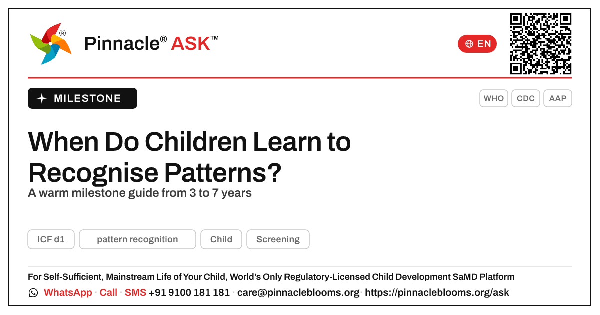 At What Age Should a Child Recognise Patterns? — Pinnacle Ask answer card with a short explanation and QR link