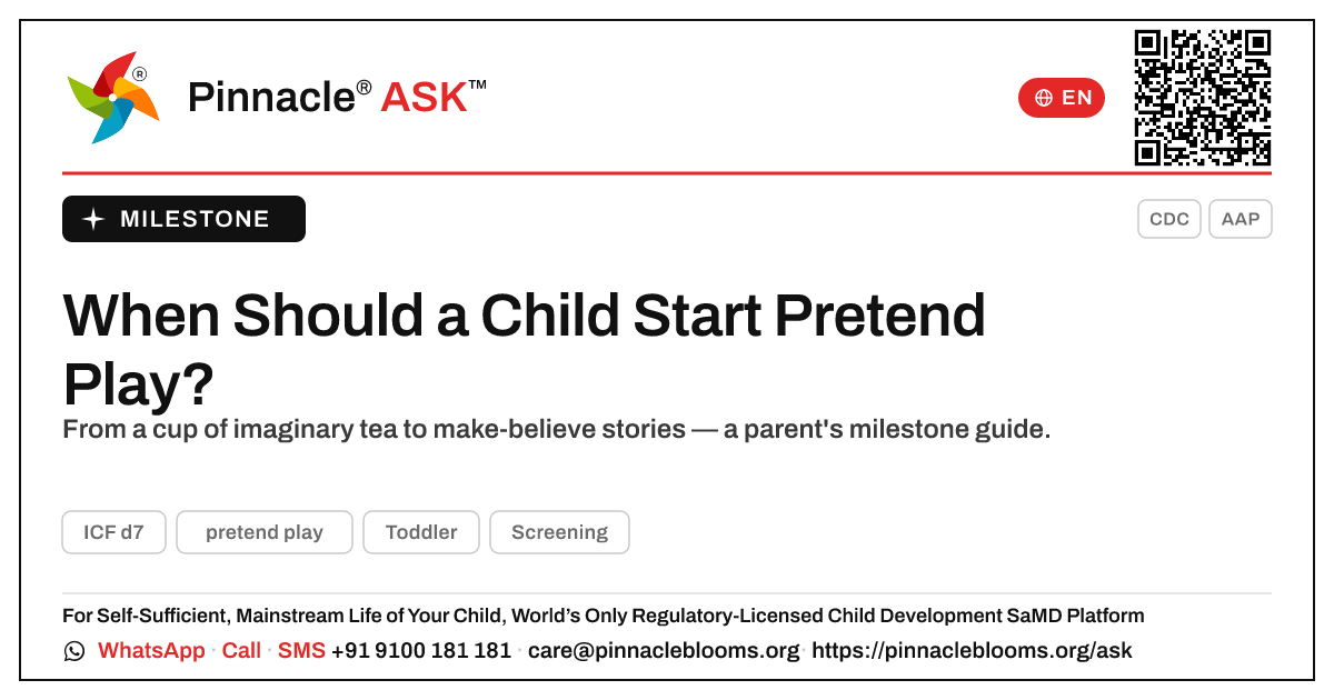 At What Age Should a Child Pretend Play? — Pinnacle Ask answer card with a short explanation and QR link