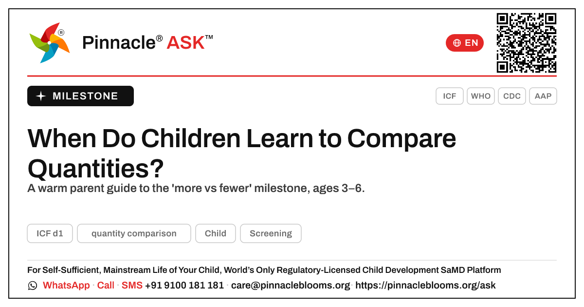 At What Age Should a Child Compare Quantities? — Pinnacle Ask answer card with a short explanation and QR link