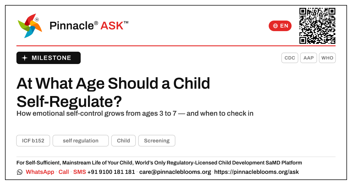 At what age should a child self-regulate? — Pinnacle Ask answer card with a short explanation and QR link