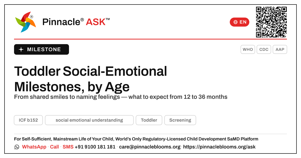 At What Age Does a Child Develop Social-Emotional Understanding? — Pinnacle Ask answer card with a short explanation and QR link