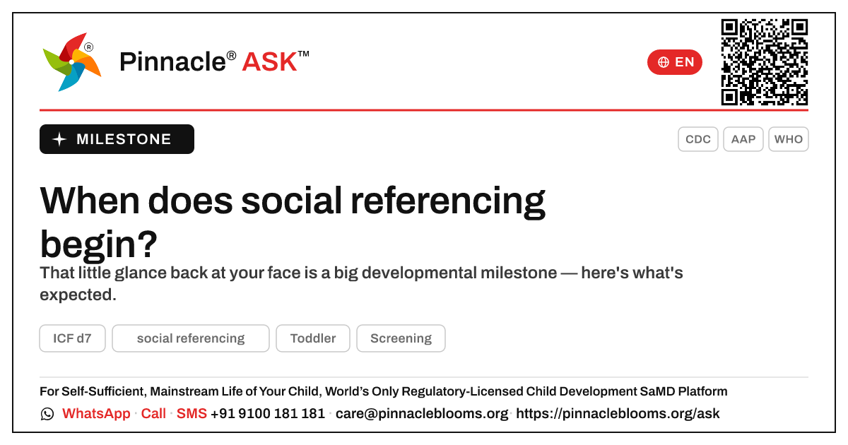 At what age should a child start social referencing? — Pinnacle Ask answer card with a short explanation and QR link
