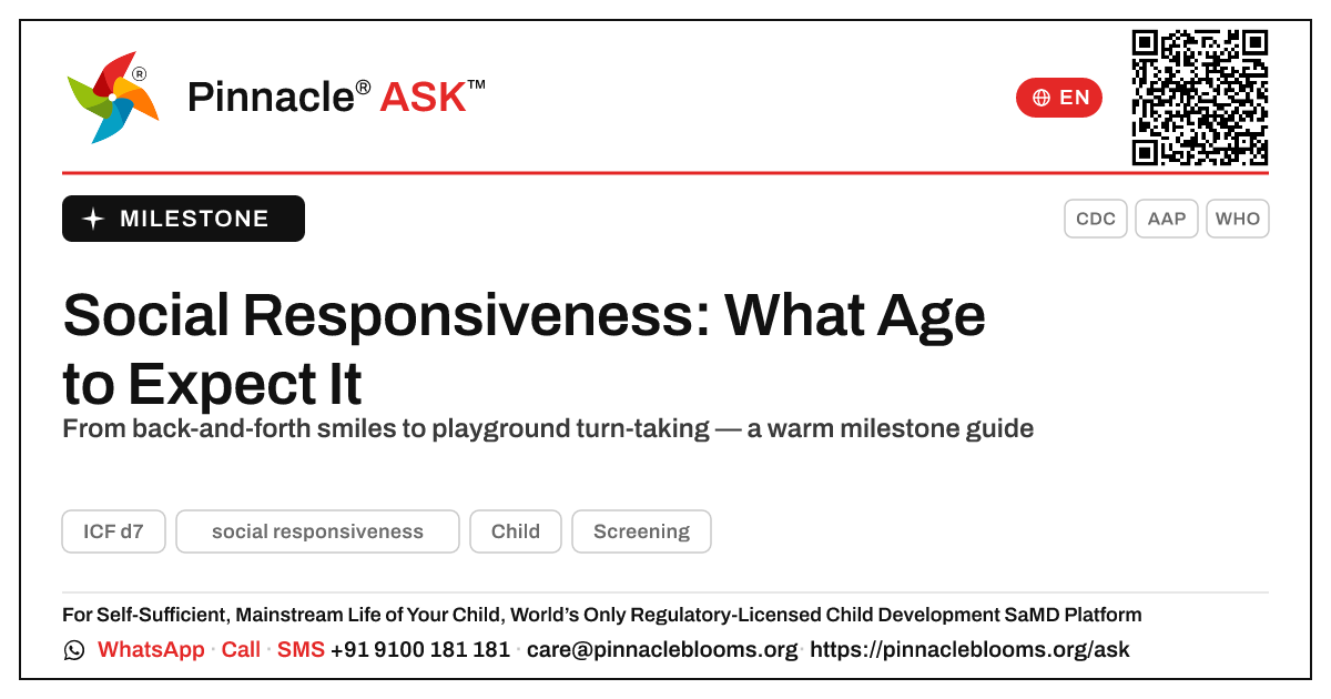 At What Age Should a Child Show Social Responsiveness? — Pinnacle Ask answer card with a short explanation and QR link