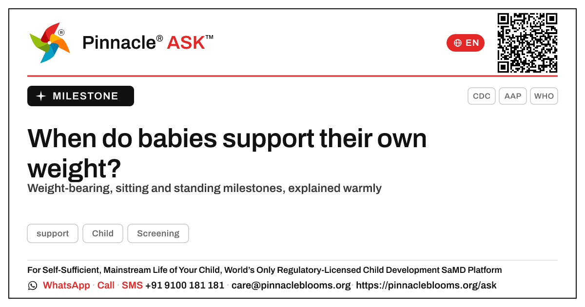 When should a child support their own weight? — Pinnacle Ask answer card with a short explanation and QR link