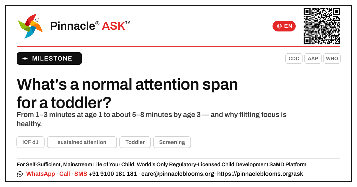 Sustained Attention in Toddlers: Age Expectations — Pinnacle Ask answer card with a short explanation and QR link