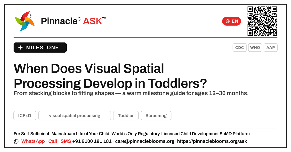 Visual Spatial Processing in Toddlers: Expected Age — Pinnacle Ask answer card with a short explanation and QR link
