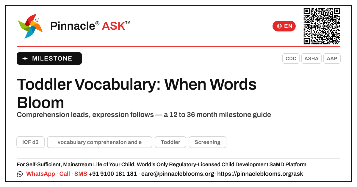 At what age should a child develop vocabulary comprehension and expression? — Pinnacle Ask answer card with a short explanation and QR link
