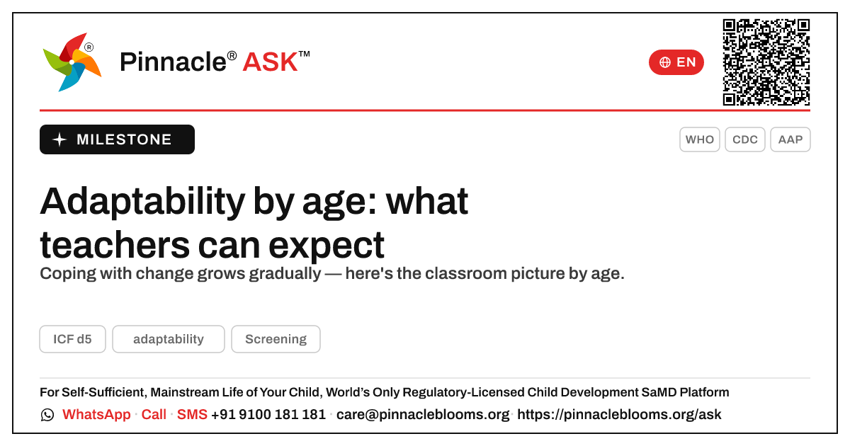 Adaptability by age: what a teacher should expect in class — Pinnacle Ask answer card with a short explanation and QR link