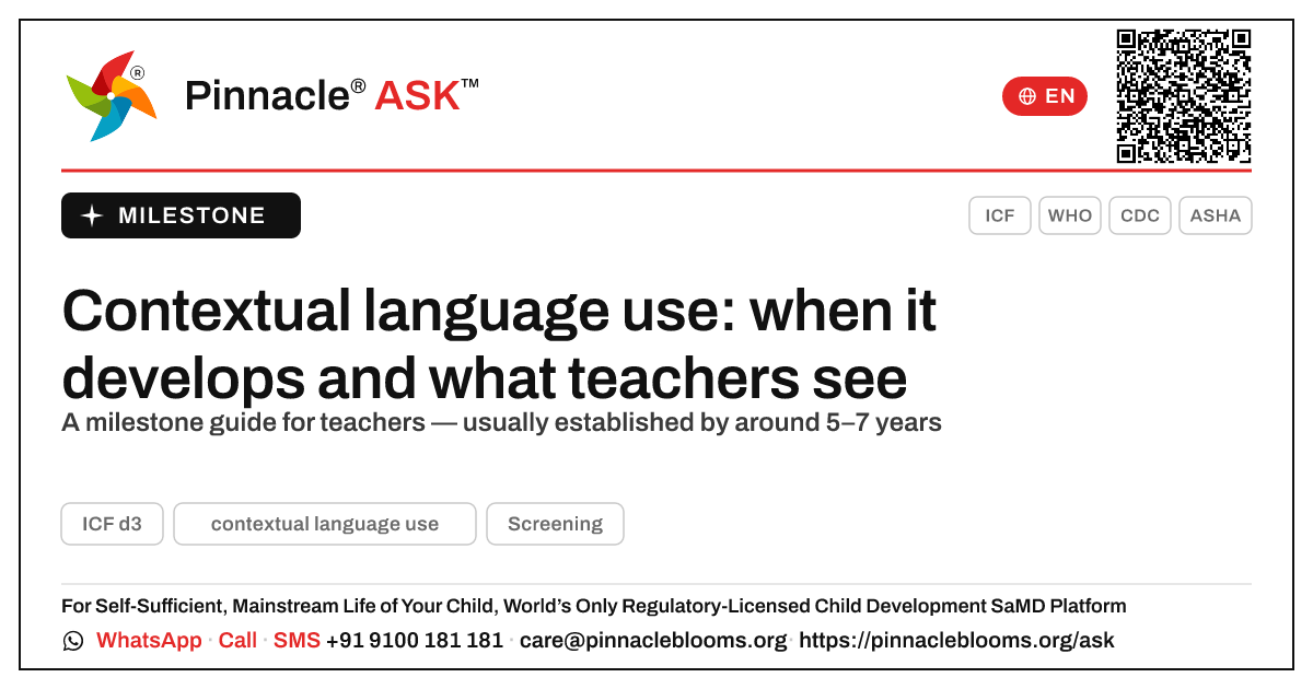Contextual language use: by what age, and what teachers can expect — Pinnacle Ask answer card with a short explanation and QR link