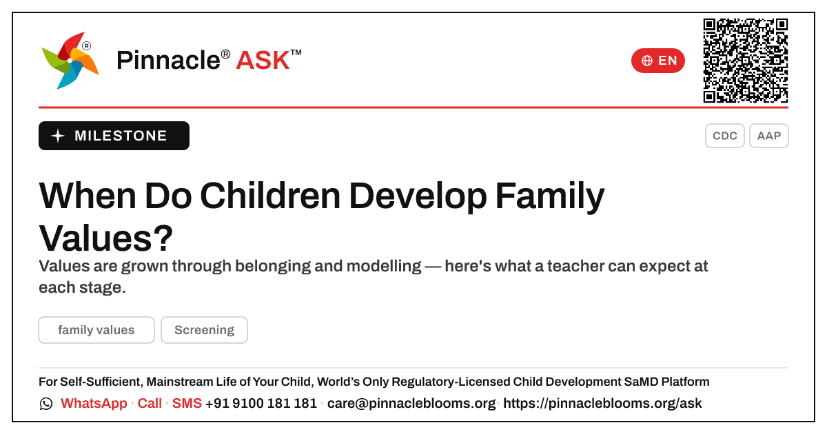 When Do Children Develop Family Values? A Teacher's Guide — Pinnacle Ask answer card with a short explanation and QR link