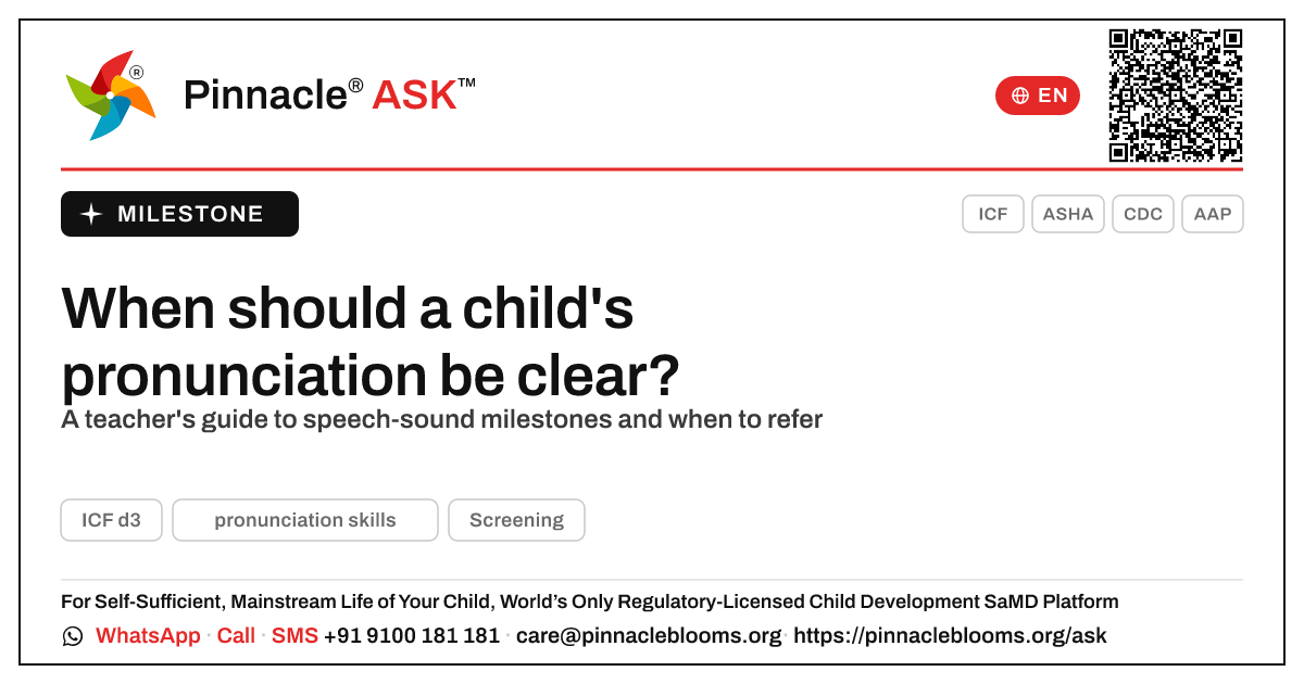 Pronunciation skills milestones for teachers — Pinnacle Ask answer card with a short explanation and QR link