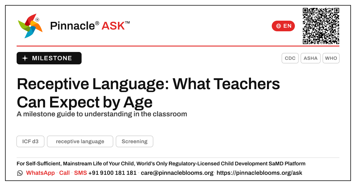 Receptive Language Milestones: What Teachers Can Expect — Pinnacle Ask answer card with a short explanation and QR link